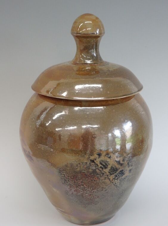 Item #318 Lidded Shino Jar 16"x 9 1/2"