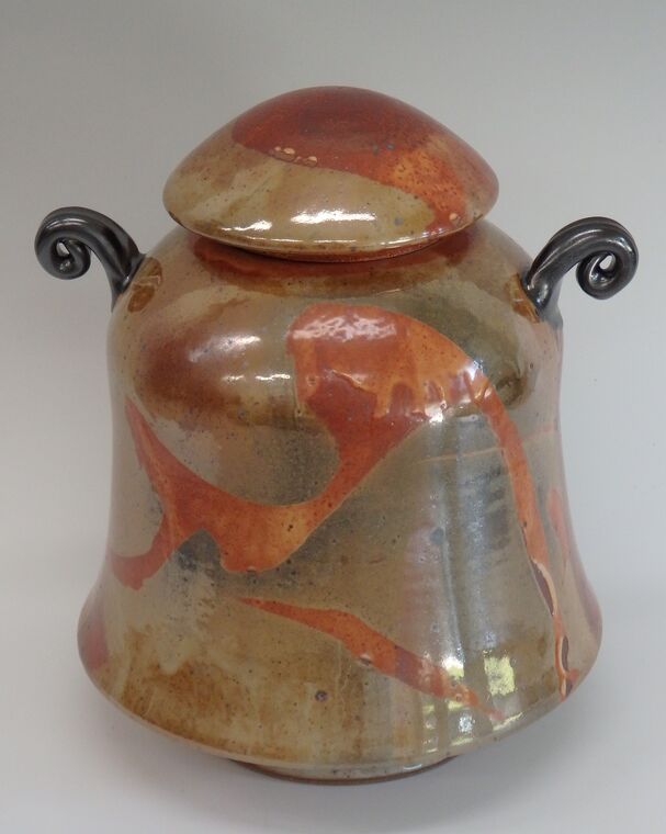 Item #295 Lidded Shino Jar with Handles 11" x9"