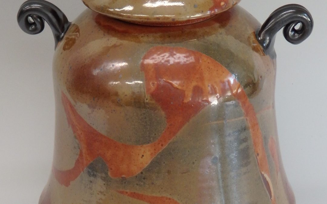 Item #295 Lidded Shino Jar with Handles  11" x9"   $225
