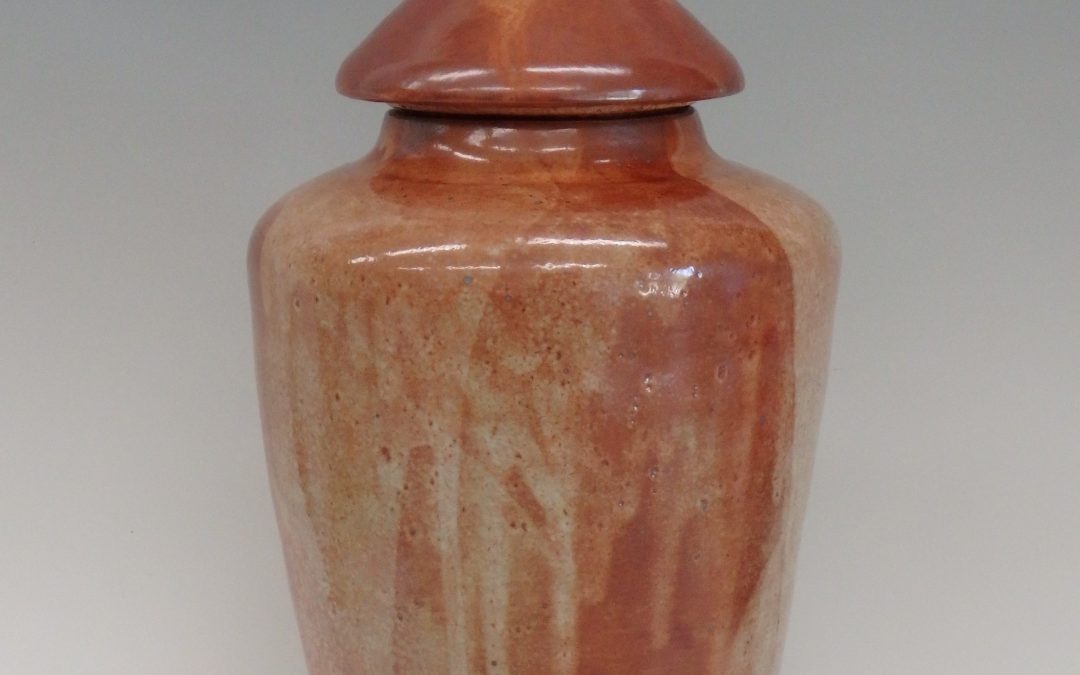 Item #322  Shino Lidded Jar 19″x 8″  $195