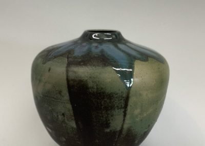 Item #343  Jar with glass accents 8 1/2″X 8 3/4″  $110