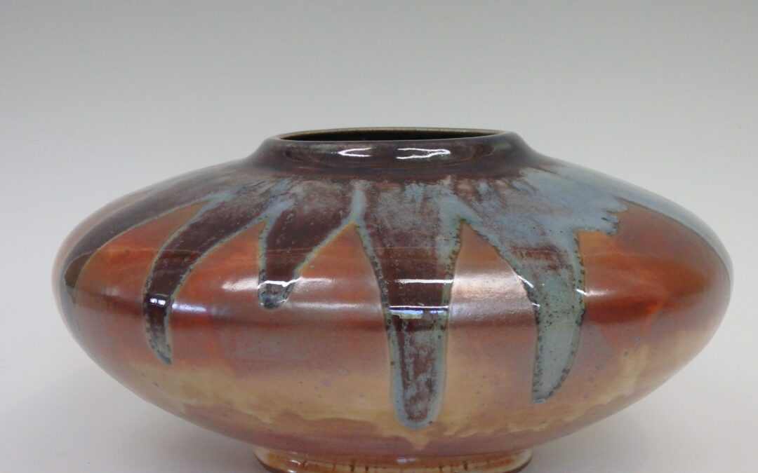 #350  5 1/4″ x 10 1/2″  $275  low jar with stained glass