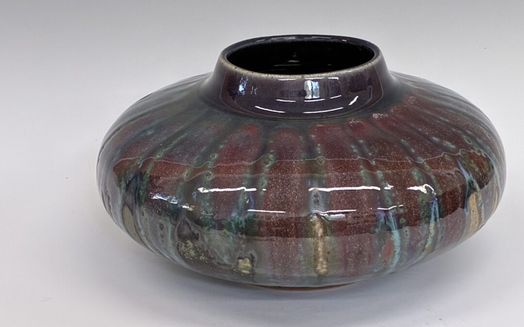 Low Wide Jar with Glass Accents  5 1/2″x 10″  $255